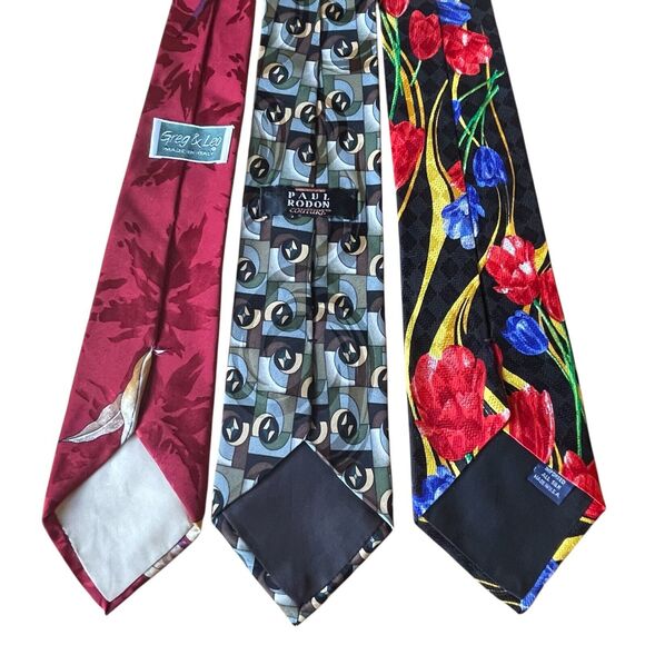 (3) VTG Mens 100% Silk Neck Tie Floral Geometric 57" USA Tulips Abstract Red - Picture 2 of 12
